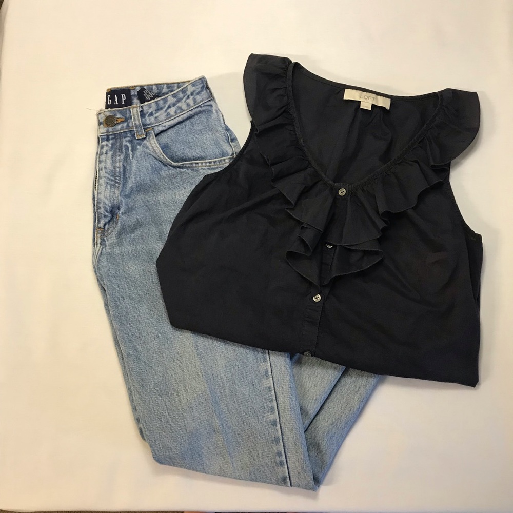 Loft | Navy Ruffle Neck Top